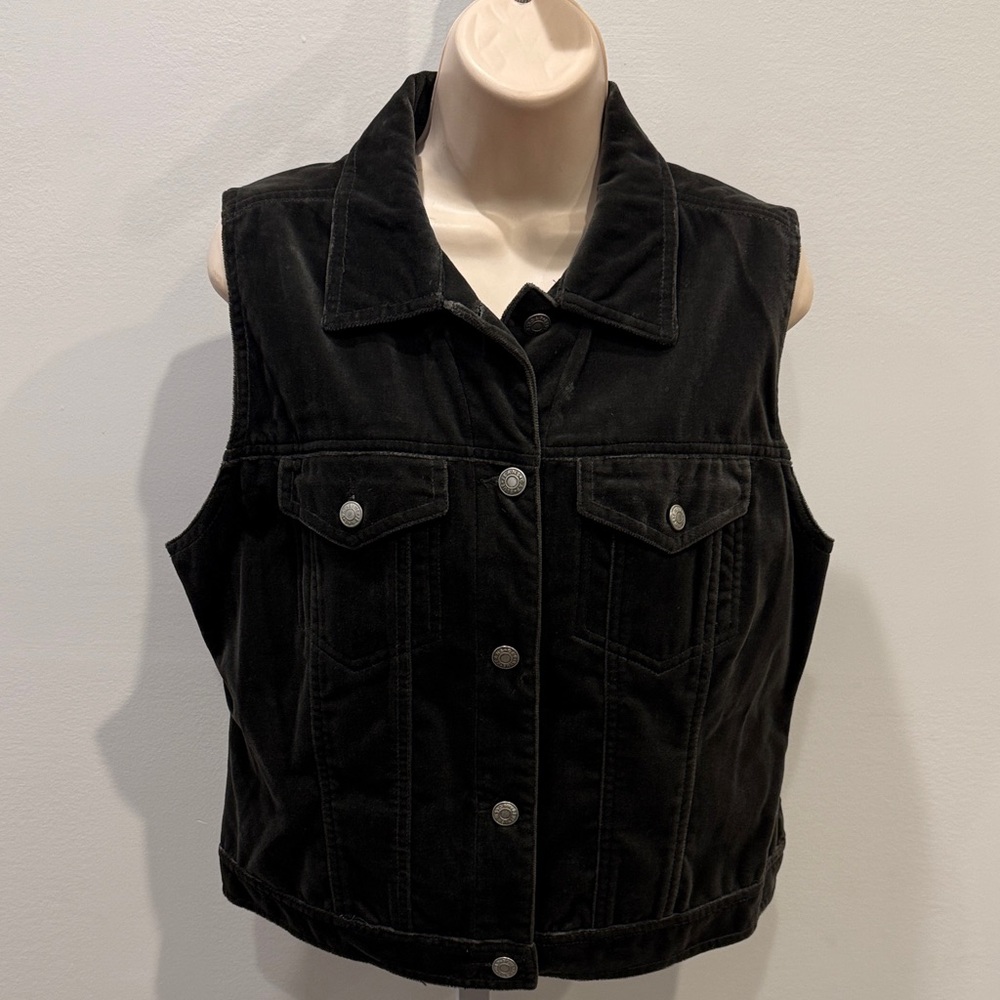 Vintage GAP Velour Sleeveless Denim Vest Women Size L Charcoal Gray Y2K Layering